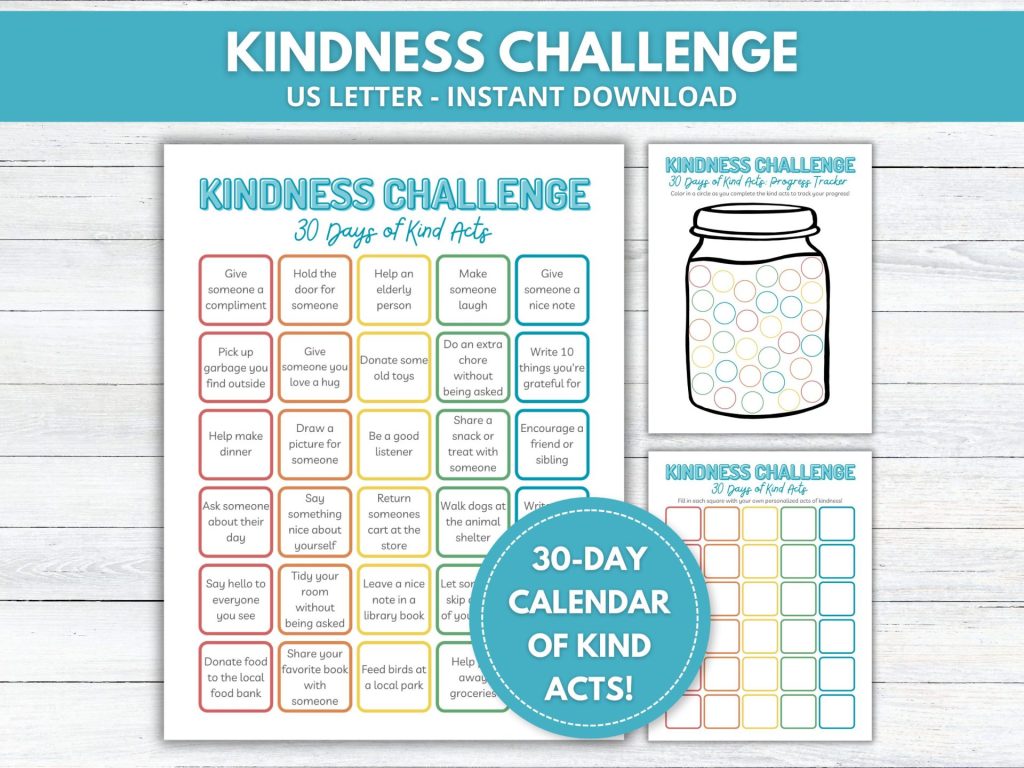 Printable kindness challenge calendar with progress tracker.